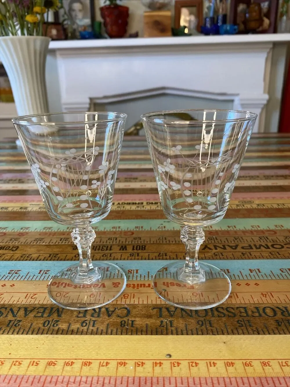 Vintage Etched Harp Design Crystal Wine Glass Stemmed Set of 2 Mid Century 5